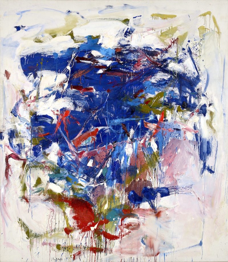 abstract painting with blues, reds, pinks, and greens on white