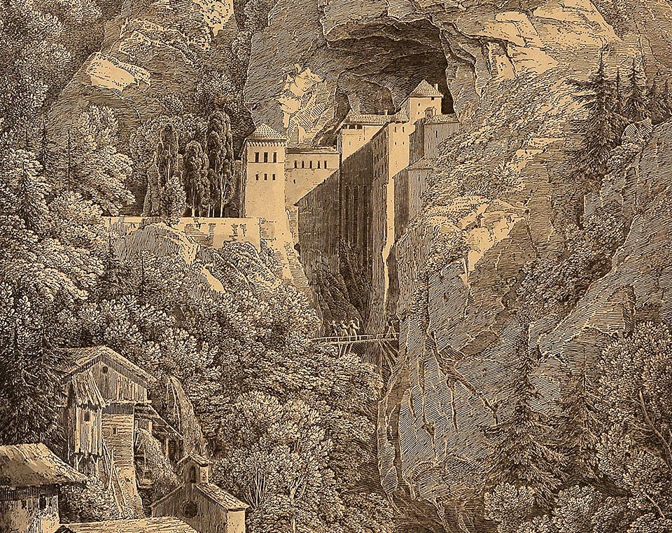 A lithographic print of Predjama Castle by Karl Friedrich Schinkel