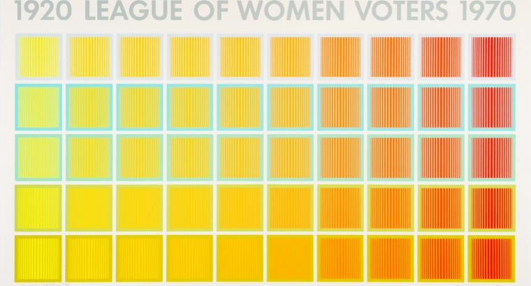 horizontal format print; text along top reads "1920 League of Women Voters 1970"; below is a grid of geometric squares shifting from yellow (left) to orange (right)