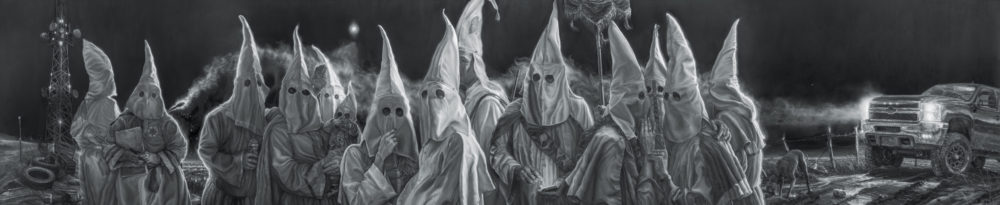 Vincent Valdez (San Antonio, Texas, 1977 –
Houston, present)<br><em>The City I,</em> 2015-16<br>Oil on canvas<br>74 x 360 in.<br>Blanton Museum of Art<br> The University of Texas at Austin<br> Purchase through the generosity of Guillermo C. Nicolas and James C. Foster in honor of Jeanne and Michael Klein<br> with additional support from Jeanne and Michael Klein and Ellen Susman in honor of Jeanne and Michael Klein, 2017<br> Photo by Peter Molick, courtesy of the artist and David Shelton Gallery. long horizontal painting of a gathering of contemporary hooded KKK members at night