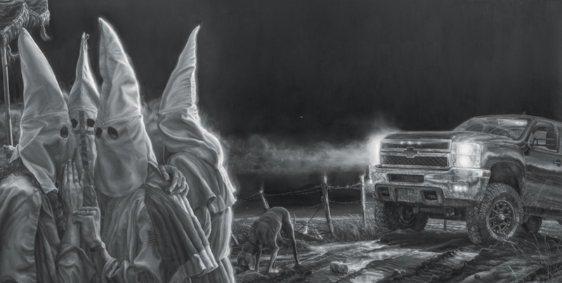 Vincent Valdez <em>https://blantonmuseum.org/wp-login.php,</em> 2015-16 (detail)<br>Oil on canvas<br>74 x 360 in.<br>Blanton Museum of Art, The University of Texas at Austin, Purchase Through the Generosity of Guillermo C. Nicolas and James C. Foster in Honor of Jeanne and Michael Klein, With Additional Support from Jeanne and Michael Klein and Ellen Susman in Honor of Jeanne and Michael Klein, 2017<br>Photo by Peter Molick, Courtesy of the Artist and David Shelton Gallery Image of a black and white painting depicting 4 hooded KKK Members in the leftmost corner, three of which seem to be having a conversation while the fourth is turned around staring perhaps at a dog sniffing the ground. the scene is illuminated by a new Chevrolet truck on the right corner that has its lights on and painting
