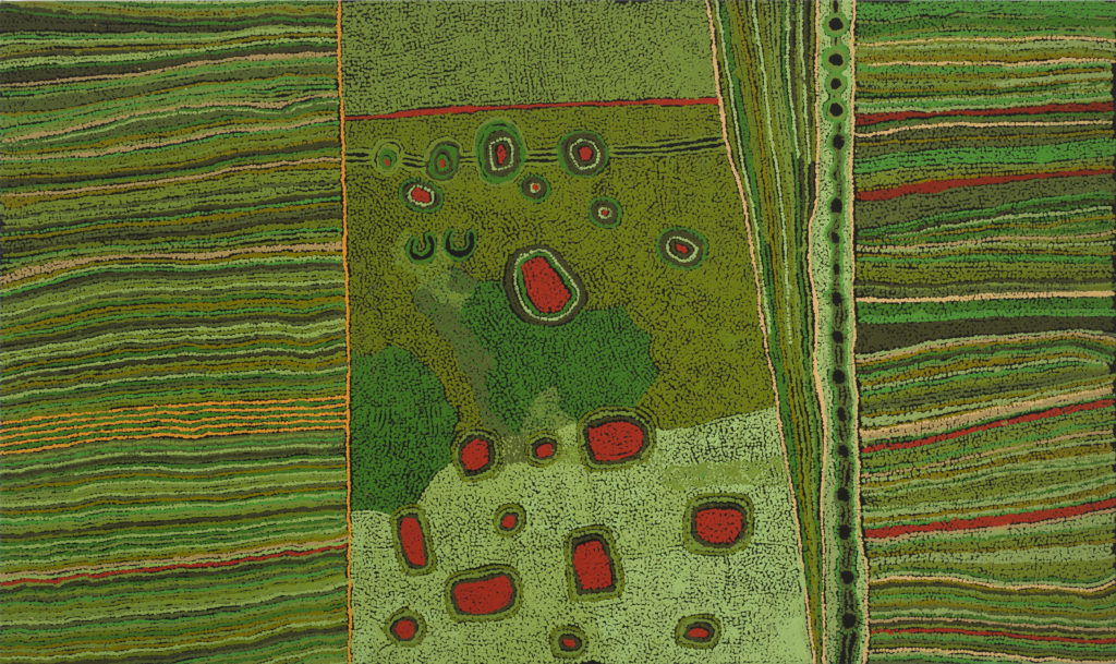 Minyma Kutjarra (Two Sisters Creation Story) is about the journey of two ancestral sisters. The two sisters, symbolized by small black ‘U’ shapes, reassure each other and celebrate along the way back to their homeland. The red circles indicate sites, camps, ceremonial grounds, and freshwater holes that they pass along the way. A line of small concentric circles down the right side of the canvas suggests a row of desert oak trees in the lush, blooming landscape.