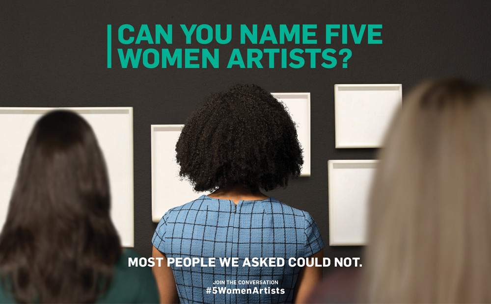 An ad for hashtag 5 Women Artists. The backs of 3 women's heads