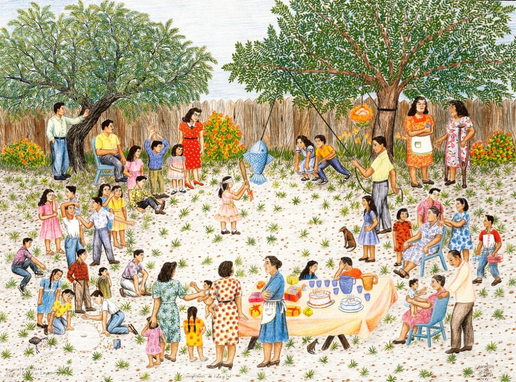 In a color lithograph depicting a birthday party, family and friends gather in a circle around a girl trying to hit a fish-shaped piñata