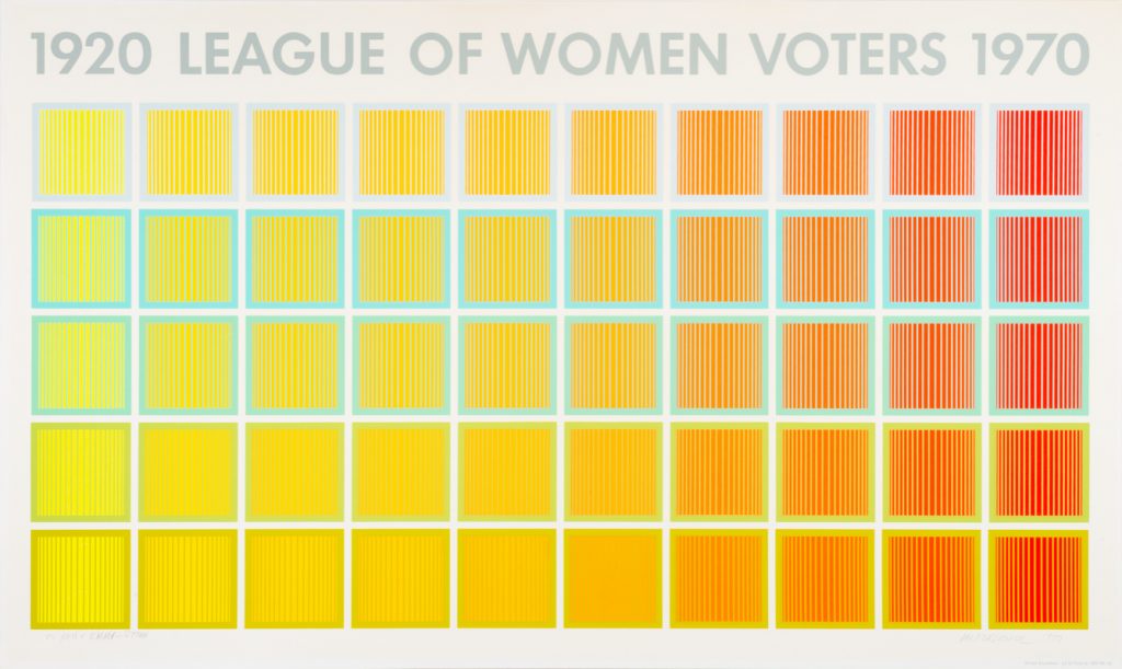 horizontal format print; text along top reads "1920 League of Women Voters 1970"; below is a grid of geometric squares shifting from yellow (left) to orange (right)
