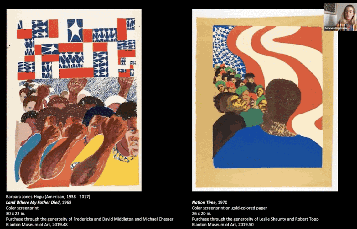 Rotating image of artworks and museum educator presenting art activity.